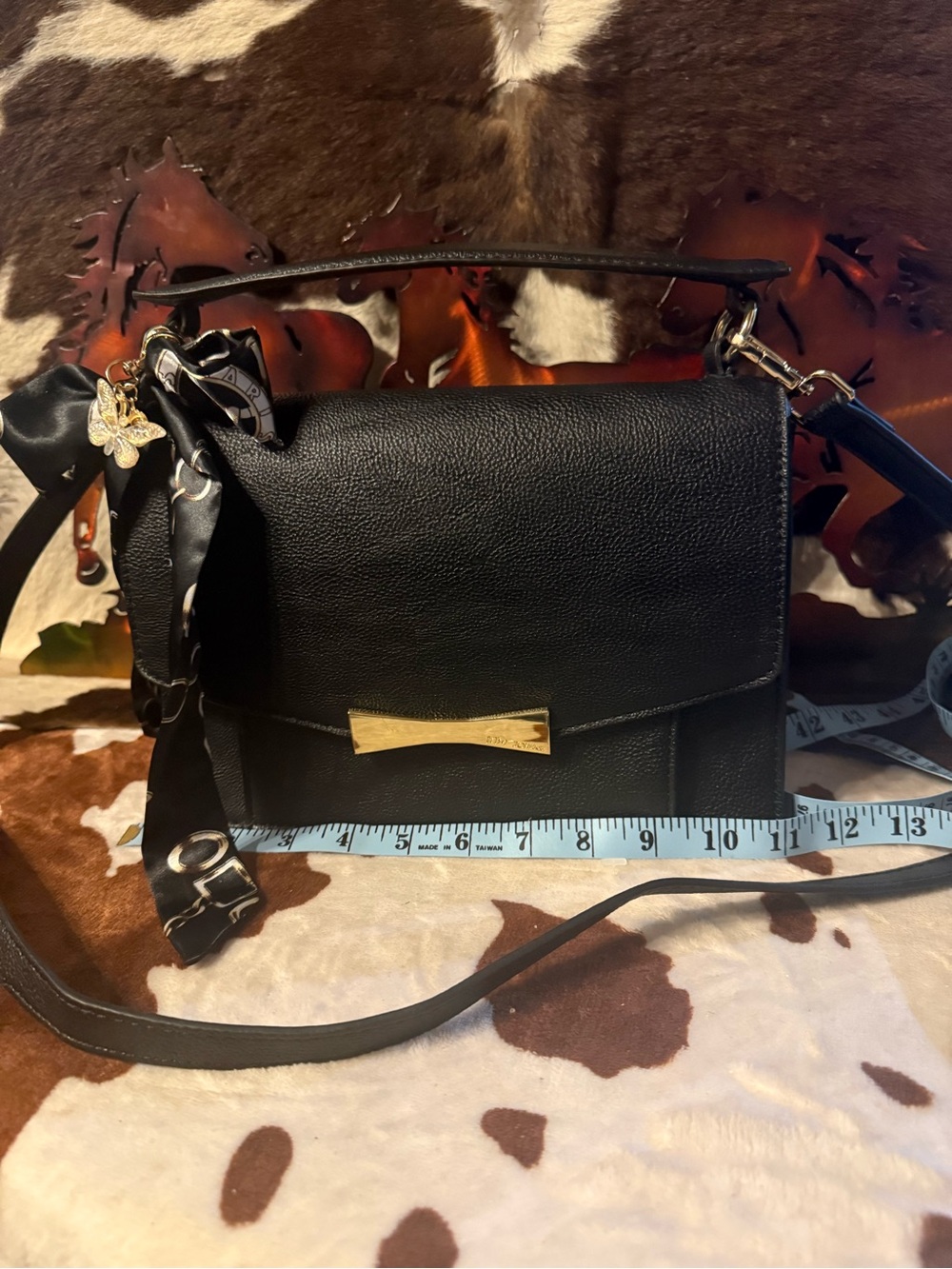 Betsey Johnson Black Satchel with Gold Bow Accent and Scarf Charm